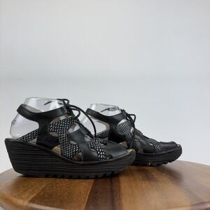 Womens Fly London Yexa916 Black‎ Leather Strappy Platform Wedge Sandals Size 39